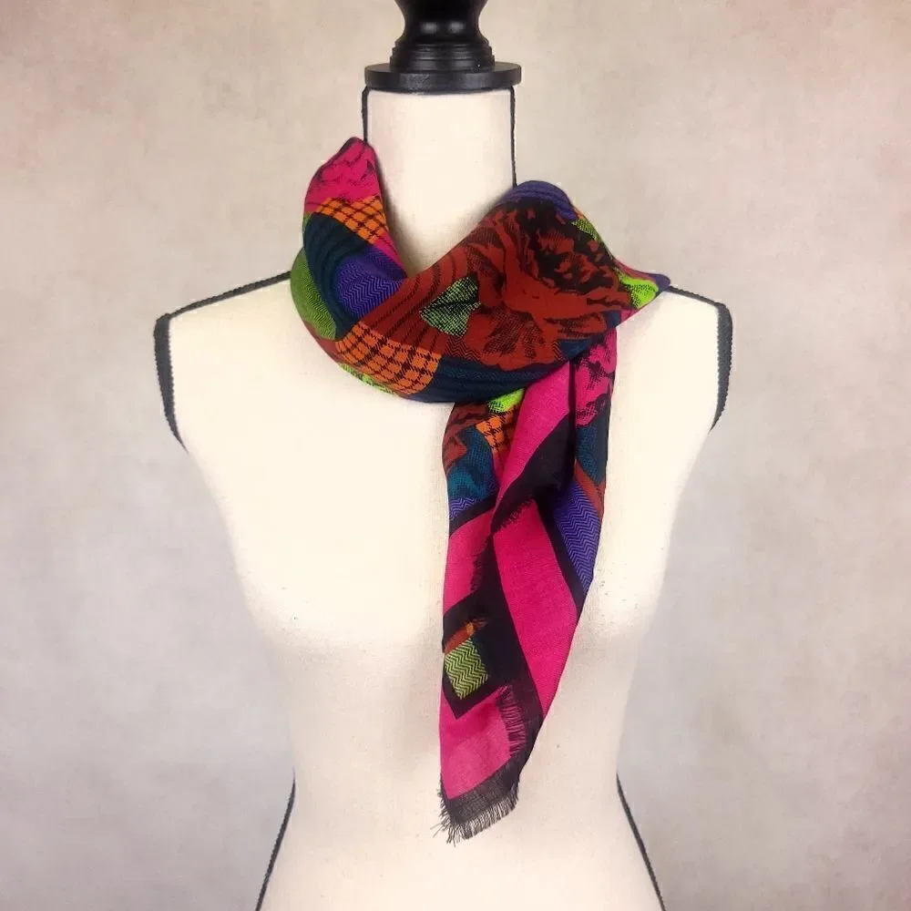 Axcess Wool Scarf Pink Blue Green Floral Colorblock - Picture 3 of 4